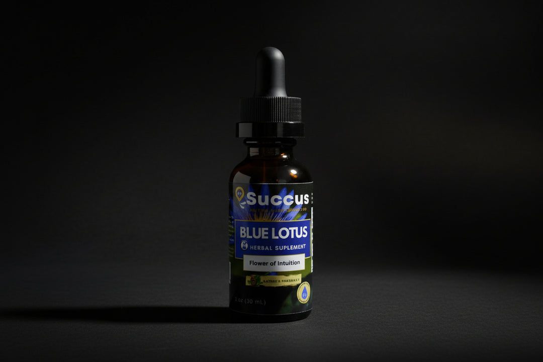 Bottle of Succus Blue Lotus Oil on a white background
