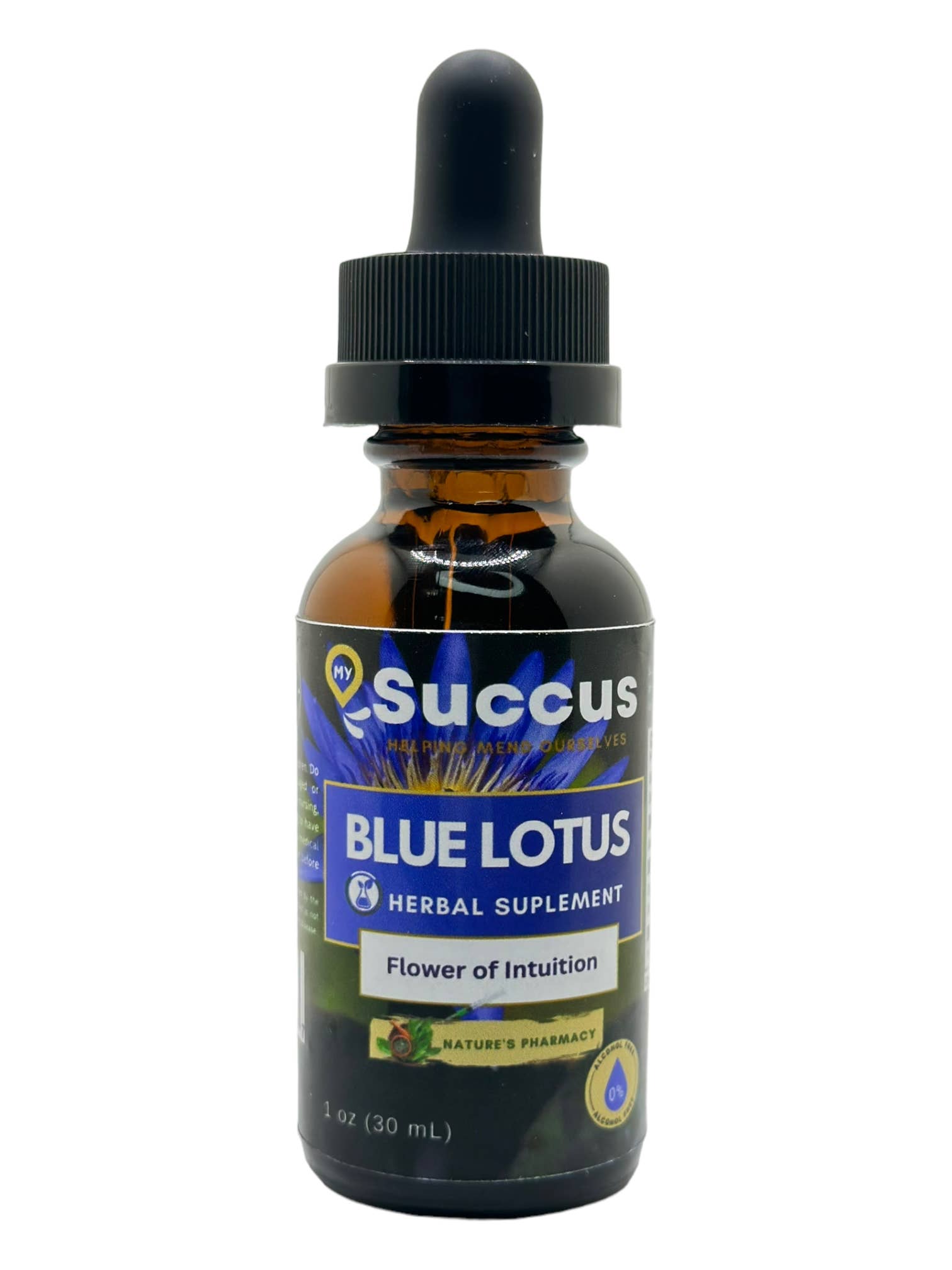 Bottle of Succus Blue Lotus herbal supplement on a white background