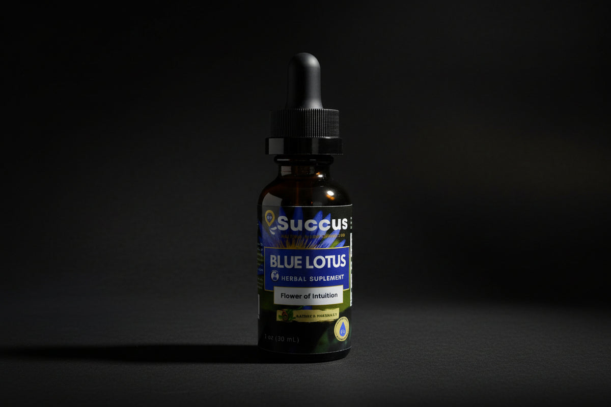 Bottle of Succus Blue Lotus Oil on a white background