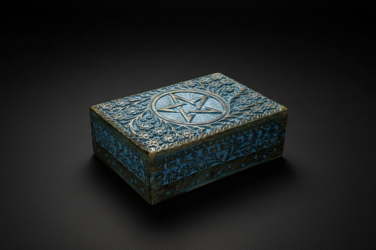 Blue pentacle wooden box for ritual storage