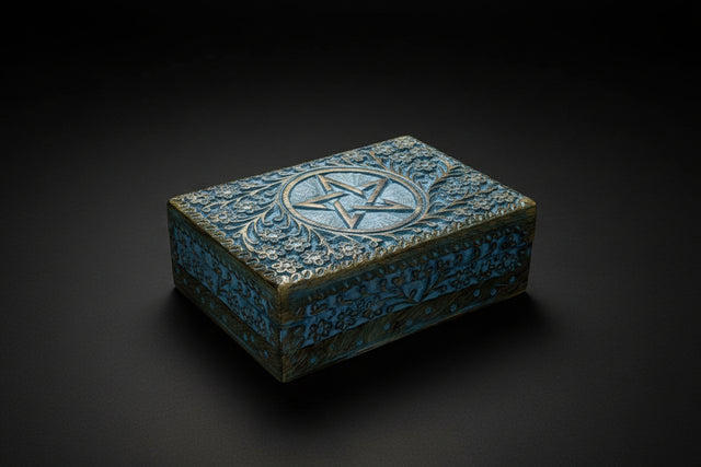 Blue pentacle wooden box for ritual storage
