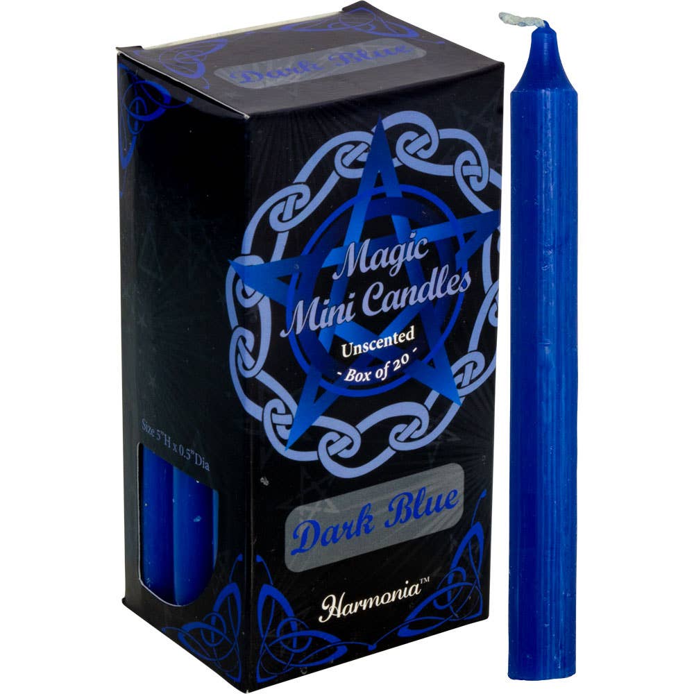 Box of dark blue mini candles with a single candle displayed on a white background