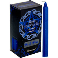 Box of dark blue mini candles with a single candle displayed on a white background