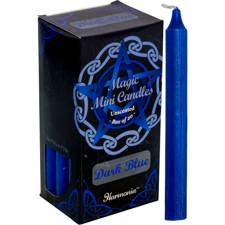 Box of dark blue mini candles with a single candle displayed on a white background