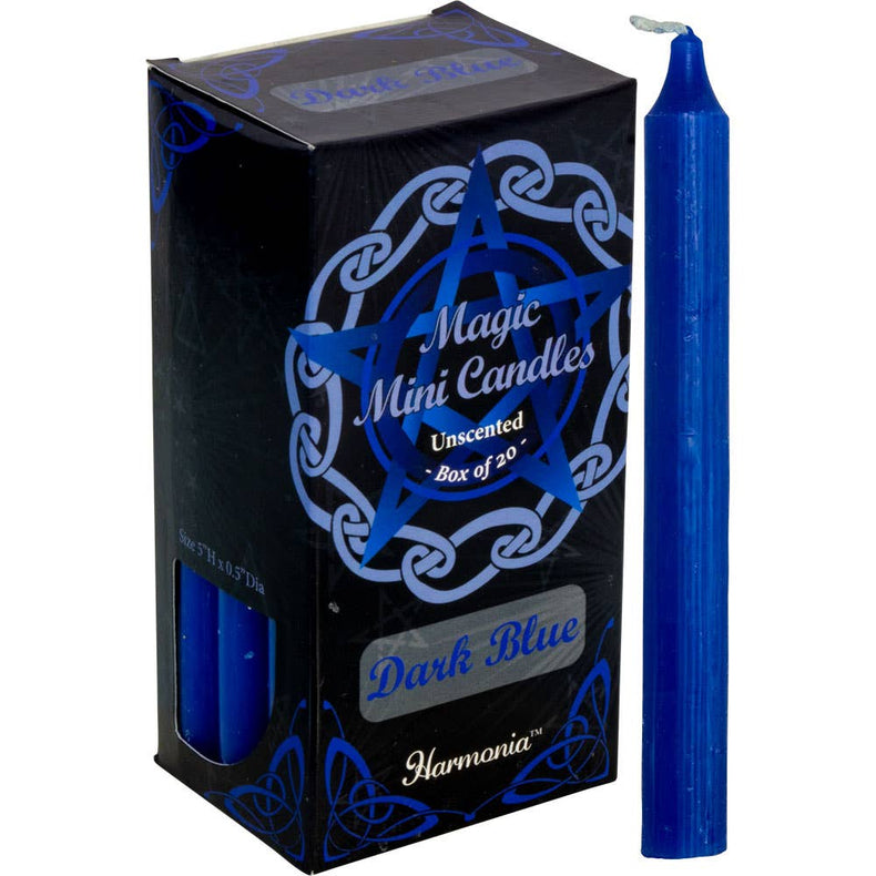 Box of dark blue mini candles with a single candle displayed on a white background