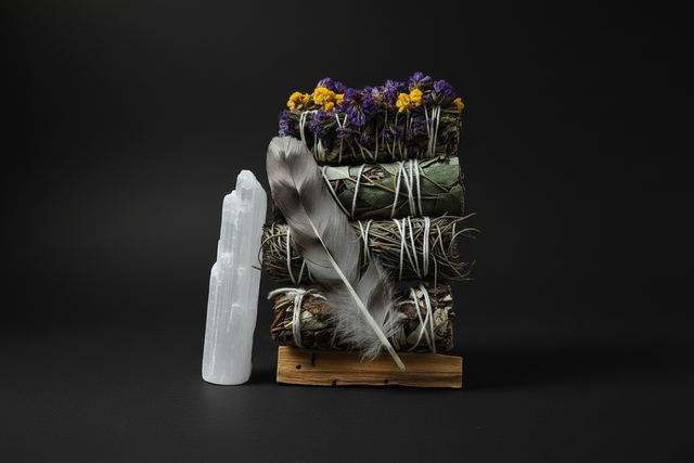 Botanical Clearing Bundle with botanical smoke wands and satin spar gypsum wand commonly sold as selenite