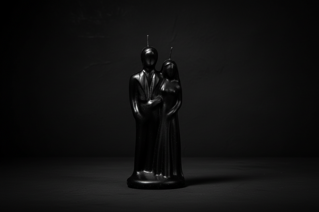 Black statue of a figure holding a child on a white background