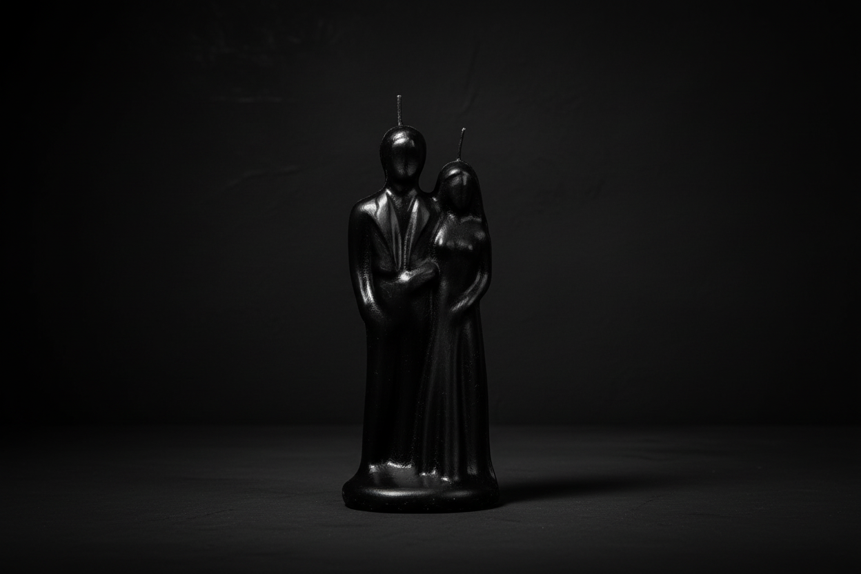 Black statue of a figure holding a child on a white background