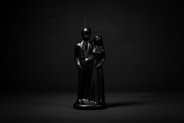 Black statue of a figure holding a child on a white background