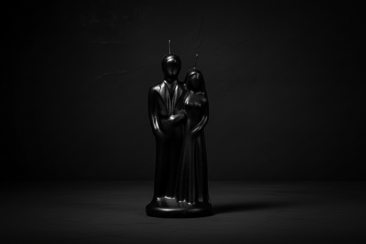 Black statue of a figure holding a child on a white background