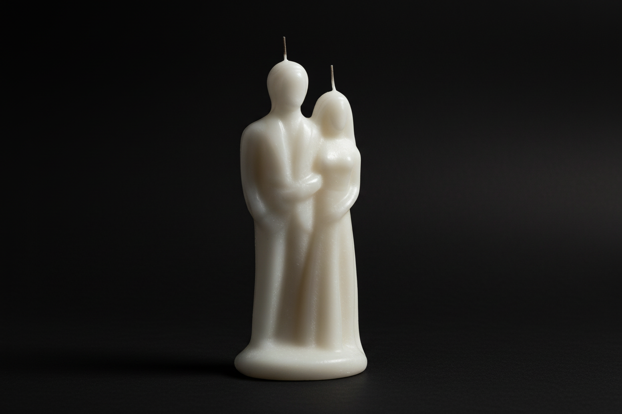 White candle shaped like a couple on a white background