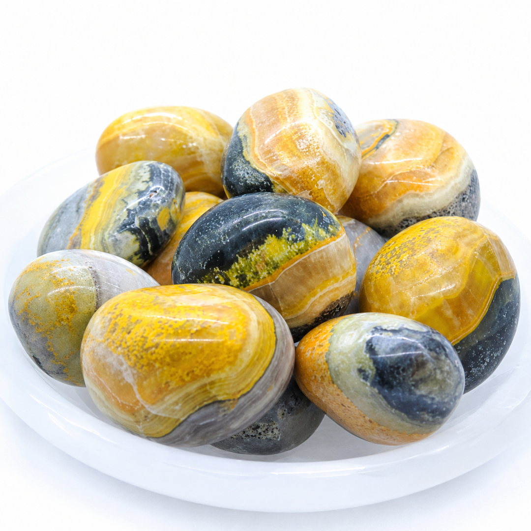 Alternate view of yellow, cream, gray, and black Bumble Bee Jasper tumbled stones in a white dish