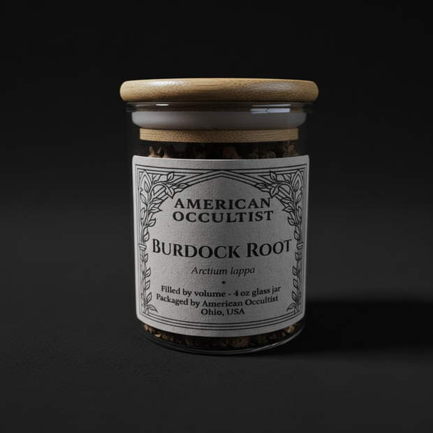 Organic dried burdock root (Arctium lappa) in a labeled glass ritual herb jar