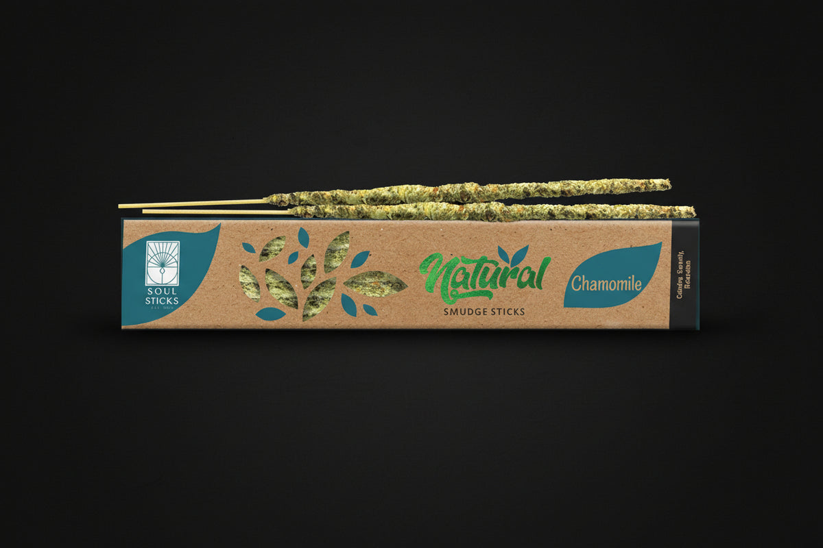 Chamomile Soul Sticks incense package on a black background