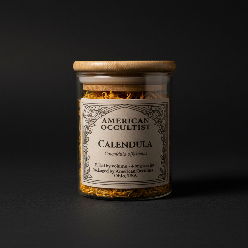 Dried calendula petals (Calendula officinalis) in a labeled glass ritual herb jar