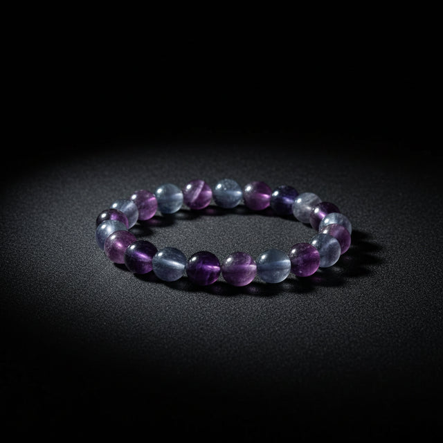 Representative stretch bracelet sold as Candy Fluorite with polished pastel multicolor translucent beads; color, banding, clarity, bead size, treatment, and fit vary