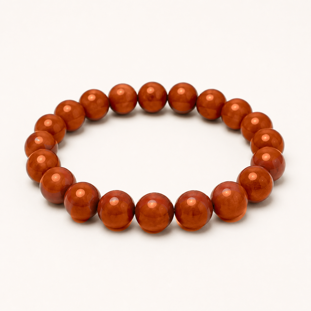 Representative stretch bracelet sold as Carnelian with polished orange to reddish-brown translucent beads; color, clarity, bead size, treatment, and fit vary