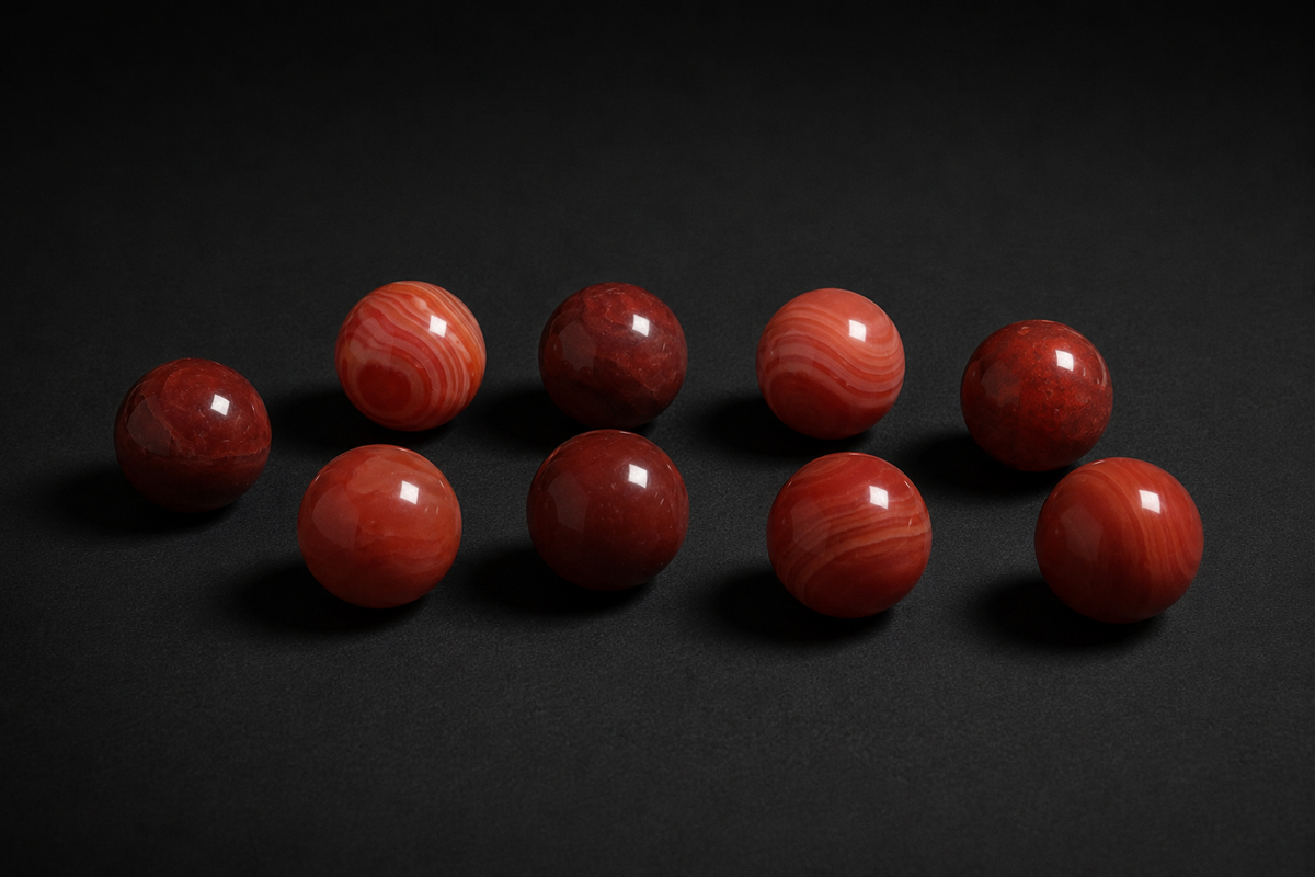 Nine polished orange-red Carnelian spheres with varied natural-looking banding on black