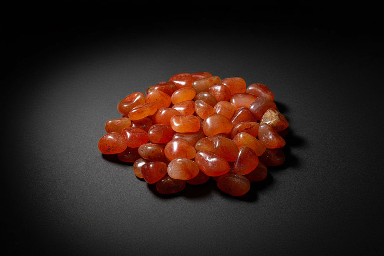 Representative polished orange-to-red stones sold as Carnelian; color, translucency, shape, and size vary
