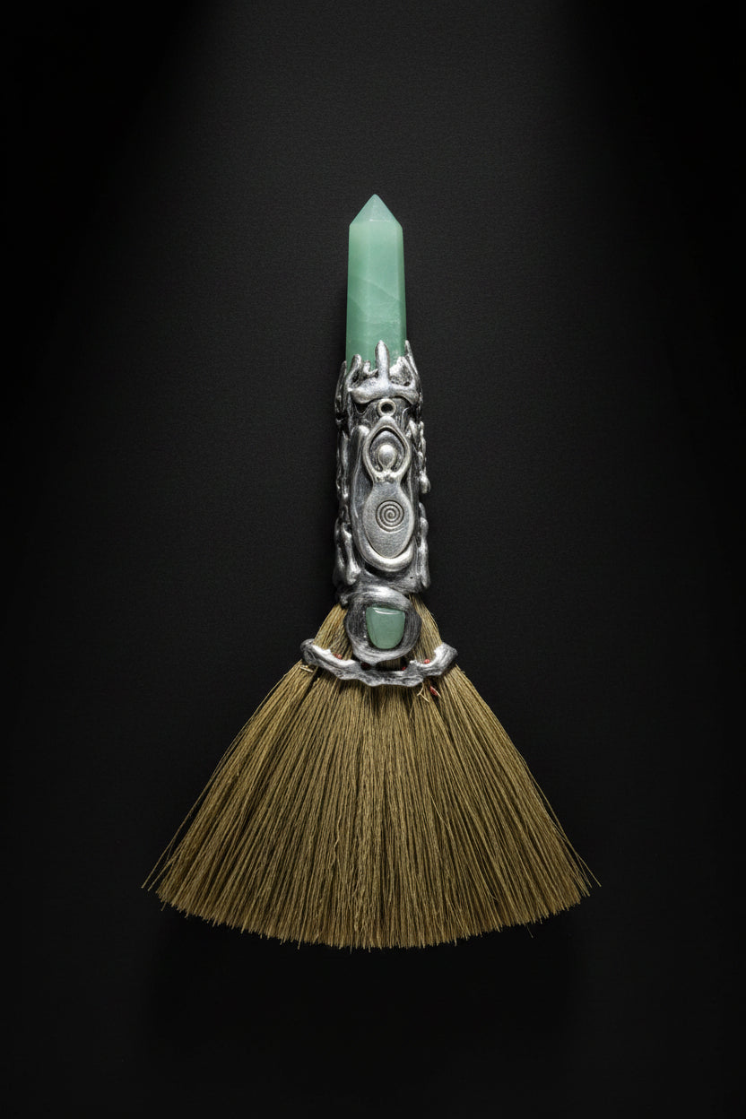 Eight-inch decorative altar broom with green stone accents and silver-tone Spiral Goddess emblem