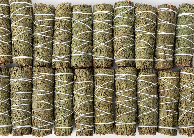 Multiple bundles of dried herbs tied with white string on a white background
