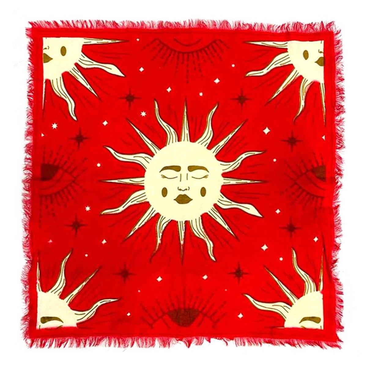 Red Celestial Sun altar cloth with gold solar and lunar designs on a white background