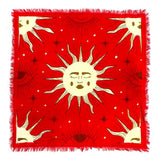 Red Celestial Sun altar cloth with gold solar and lunar designs on a white background