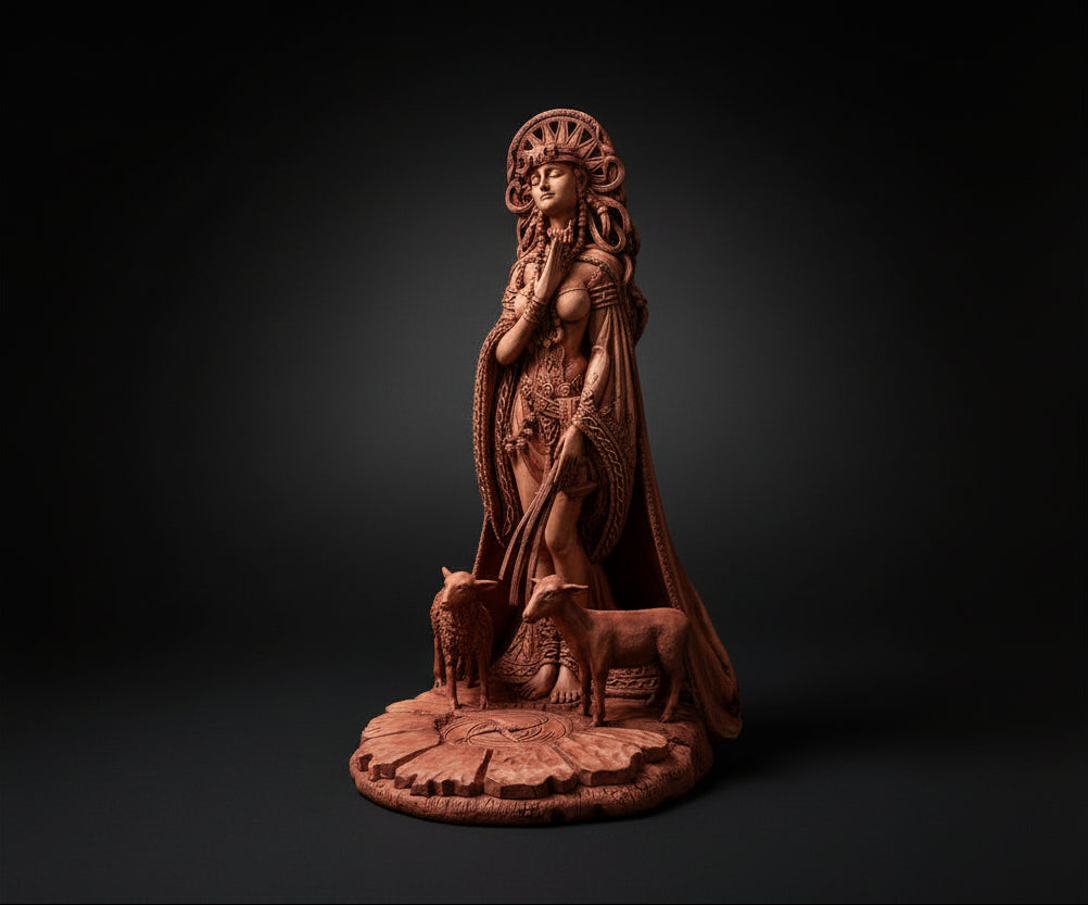 Decorative statue of a woman with a headdress and animals on a white background
