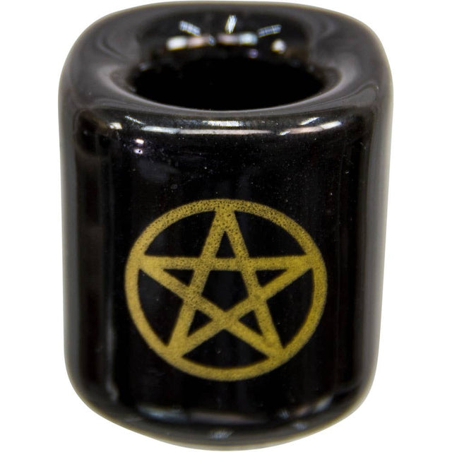 Black ceramic container with a gold pentagram symbol on a white background
