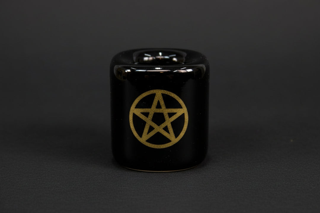 black chime candle holder with gold pentacle