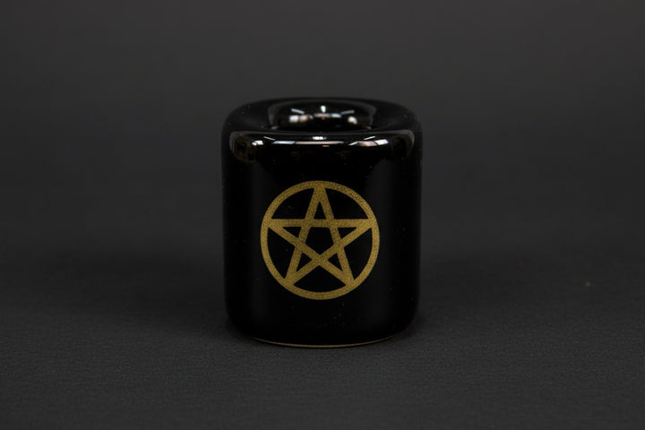 black chime candle holder with gold pentacle