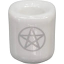 white ceramic chime candle holder with silver pentacle