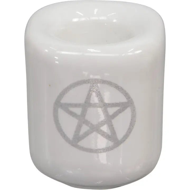 white ceramic chime candle holder with silver pentacle