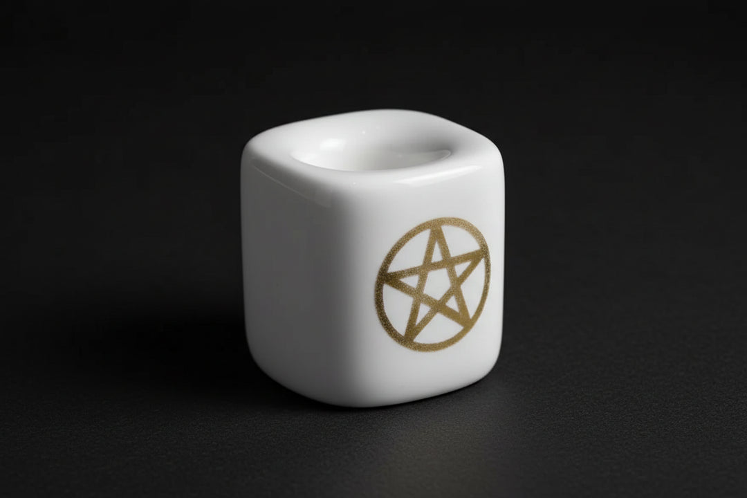 white ceramic candle holder with gold pentacle for chime candles