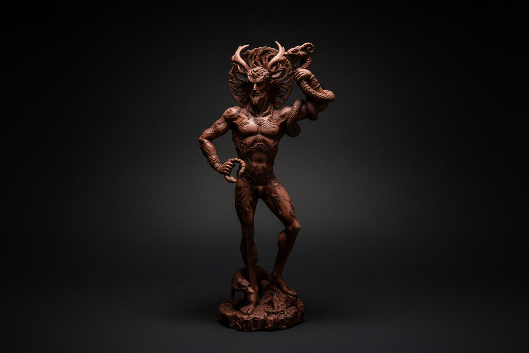 Brown figurine of a muscular man with horns on a white background