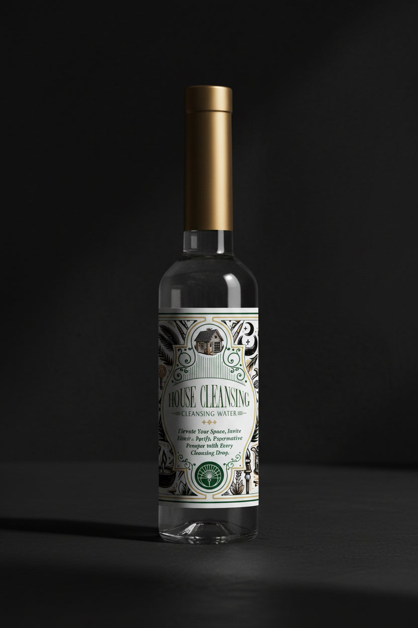 Two bottles of 'House Cleansing' cleansing water with decorative labels on a black background.