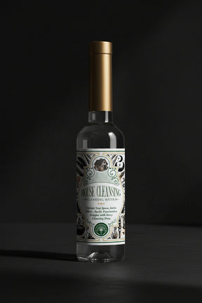Two bottles of 'House Cleansing' cleansing water with decorative labels on a black background.