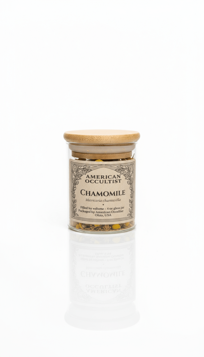 Jar of chamomile flowers with a wooden lid on a white background