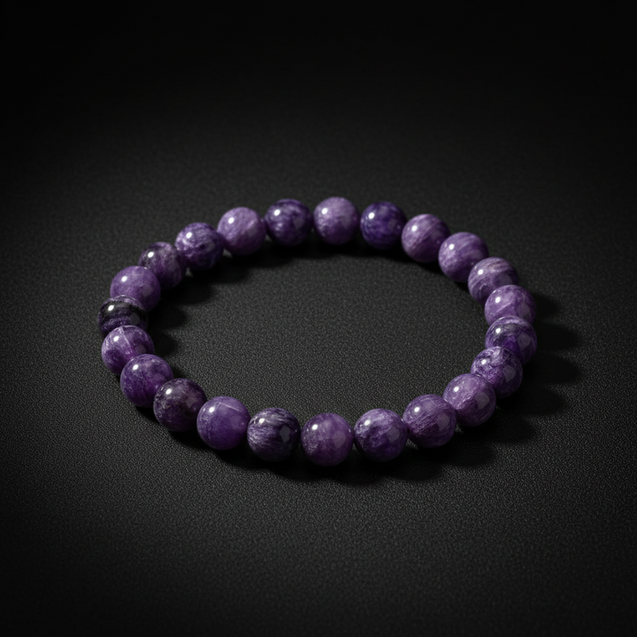 Charoite beaded stretch bracelet with polished purple patterned stones