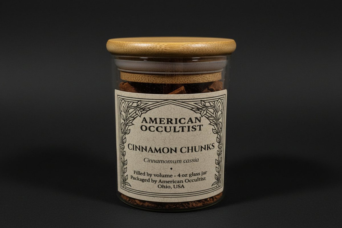 Jar of dried cinnamon bark chunks (Cinnamomum verum) with a wooden lid.
