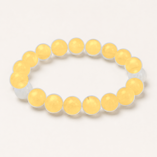 Representative stretch bracelet sold as Citrine with polished golden-yellow beads; color, clarity, bead size, treatment, cord tension, and fit vary