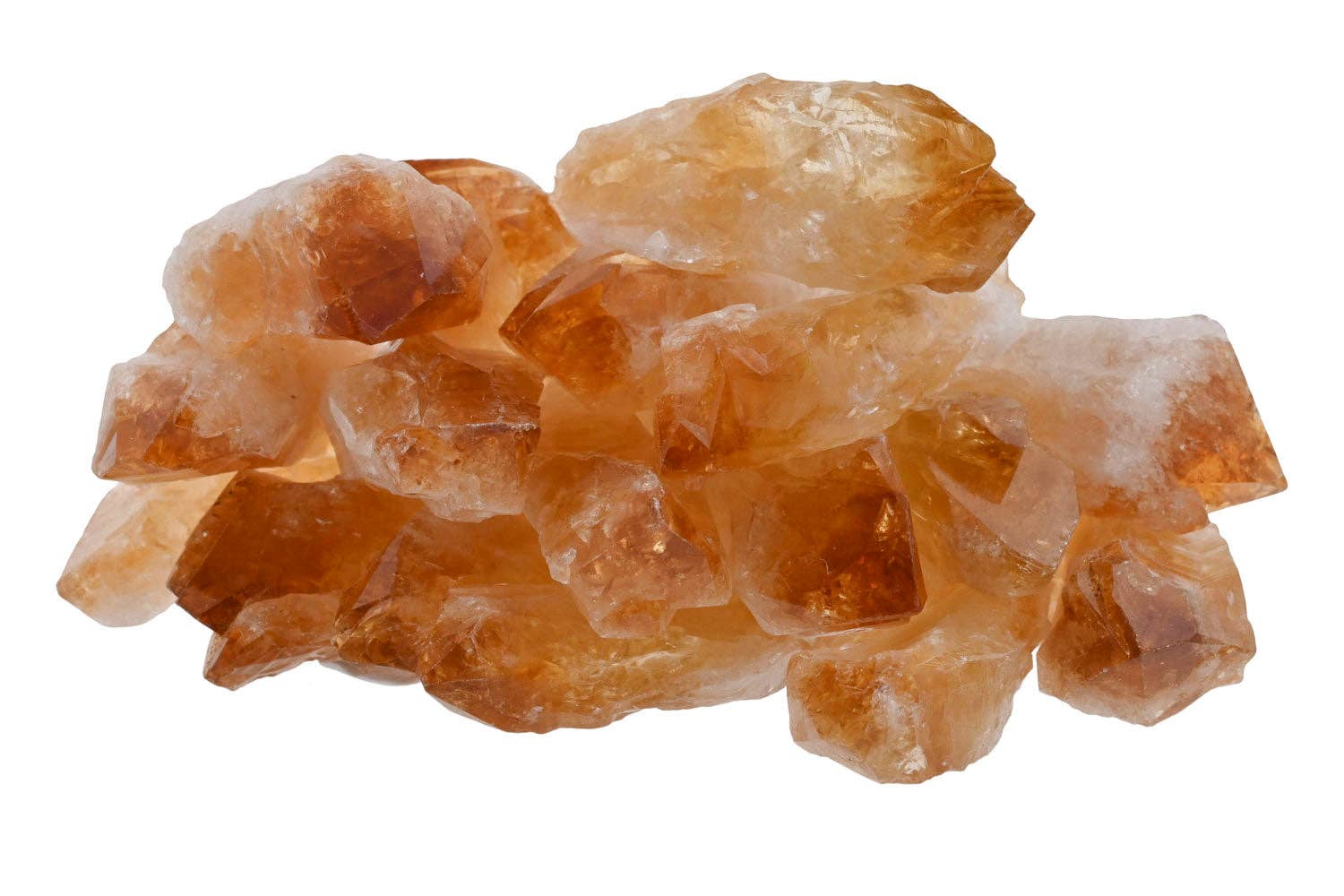 Cluster of citrine points orange crystals on a white background