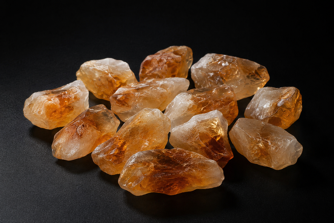 Assortment of separate rough yellow-to-orange quartz points sold as Citrine on black