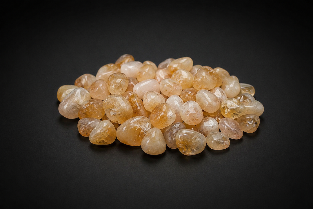 Pile of polished pale yellow and honey-gold Citrine tumbled stones on a matte black surface