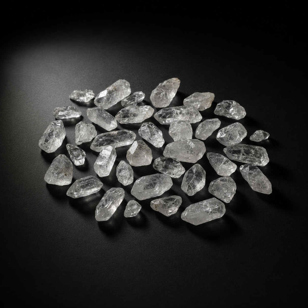 Alternate view of naturally varied small raw clear quartz points on a matte black surface