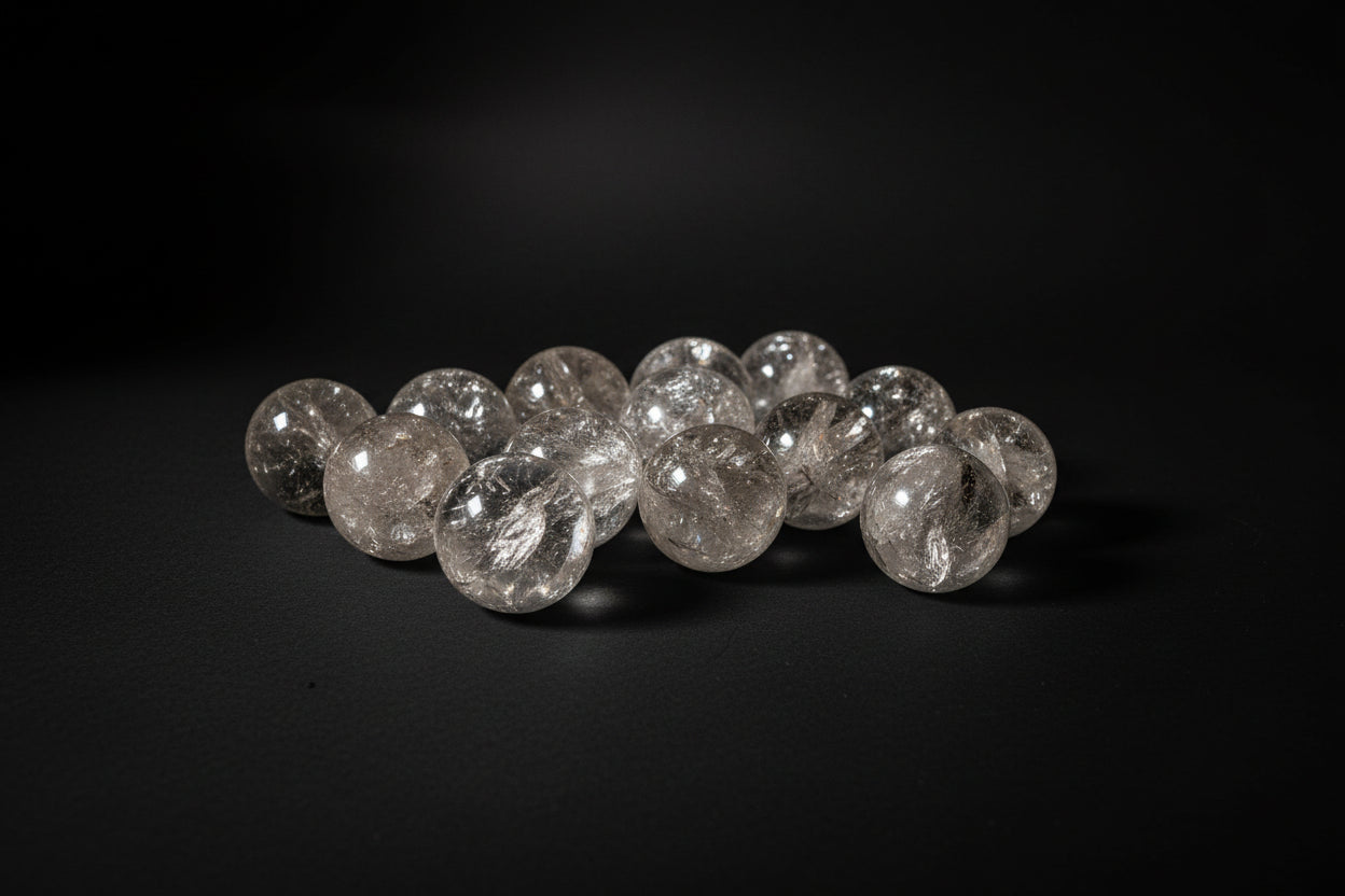 Representative polished clear quartz sphere from a 30–36 mm supplier assortment; clarity, inclusions, polish, and exact size vary