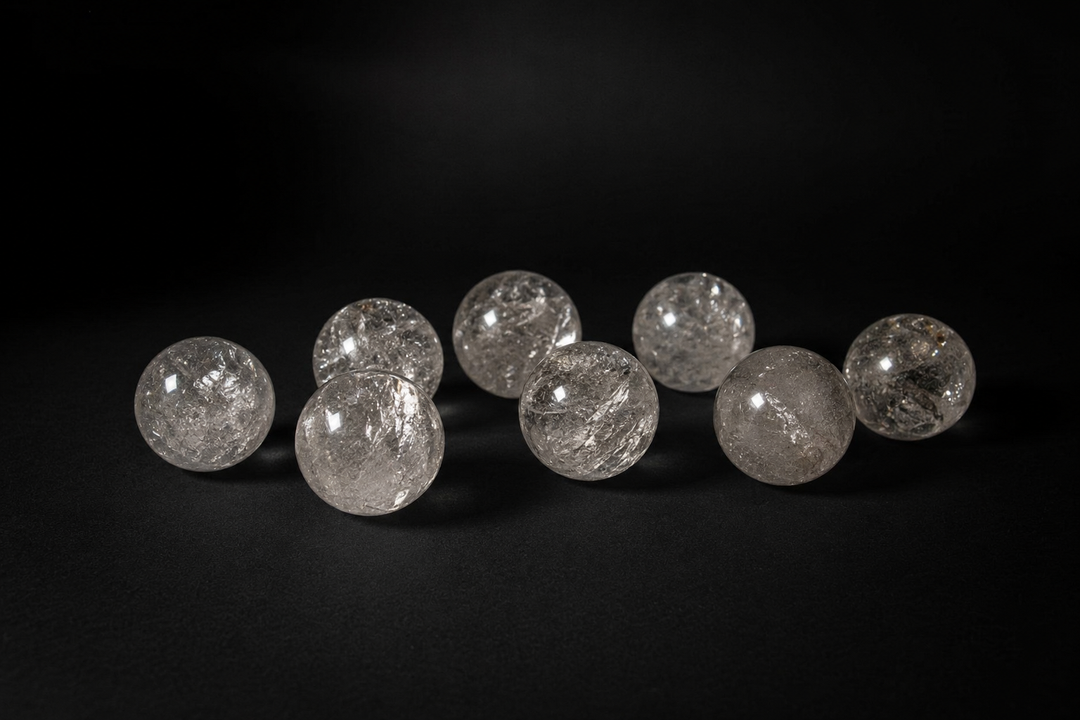 Eight polished Clear Quartz spheres with varied internal veils and fractures on black