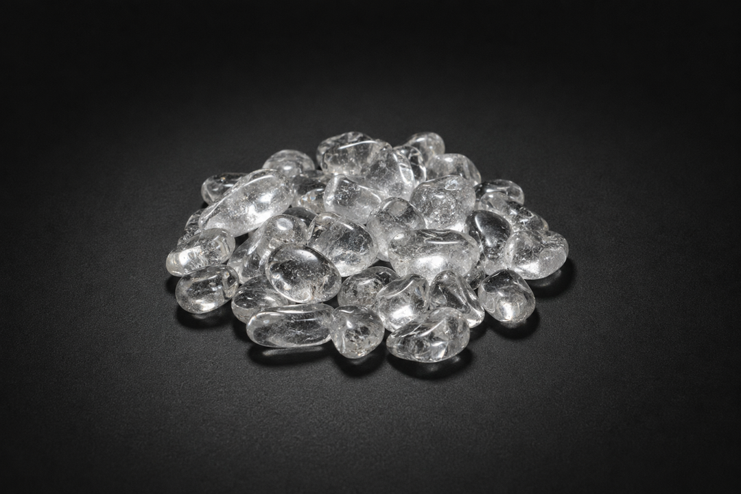 Pile of polished clear and lightly cloudy Quartz tumbled stones with natural inclusions on black