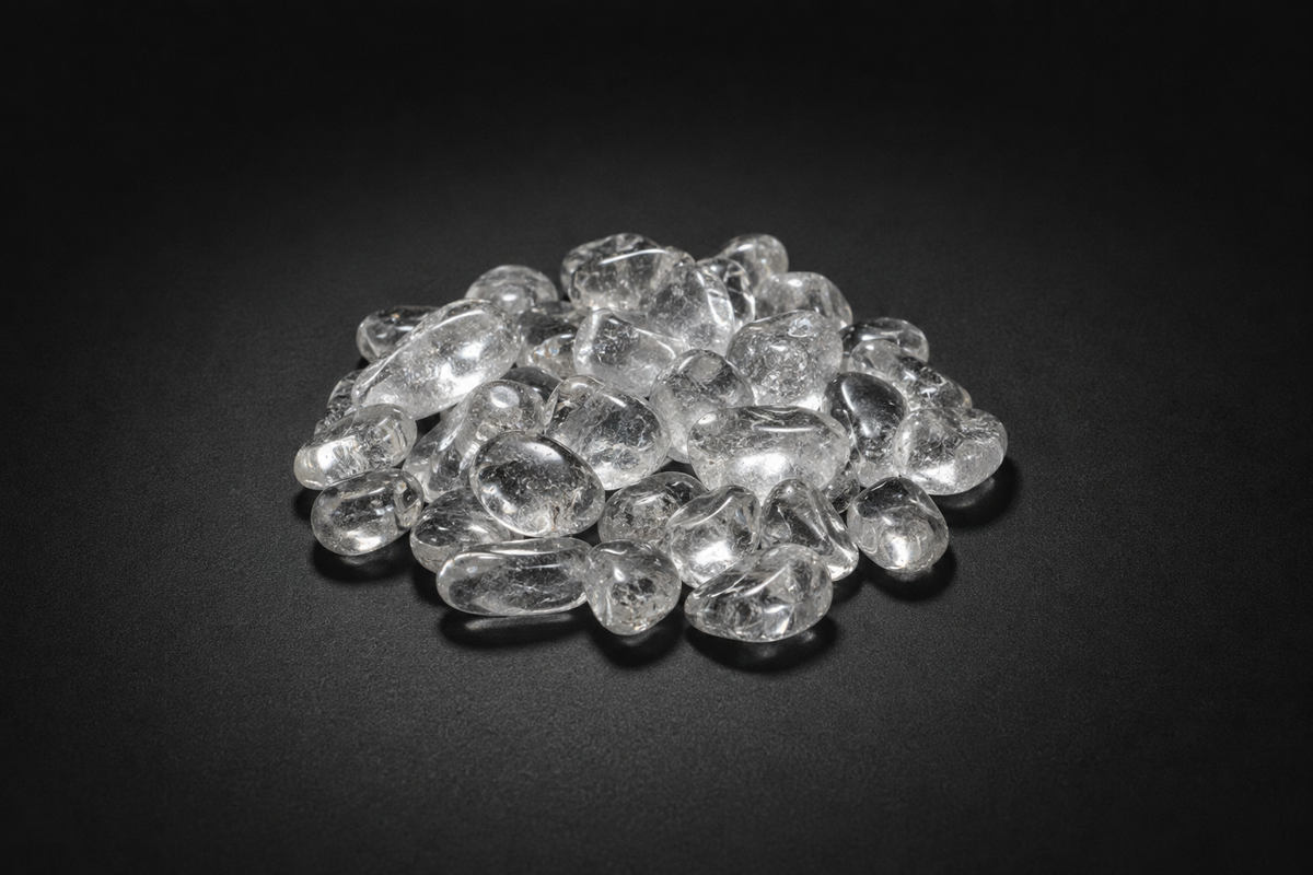 Pile of polished clear and lightly cloudy Quartz tumbled stones with natural inclusions on black
