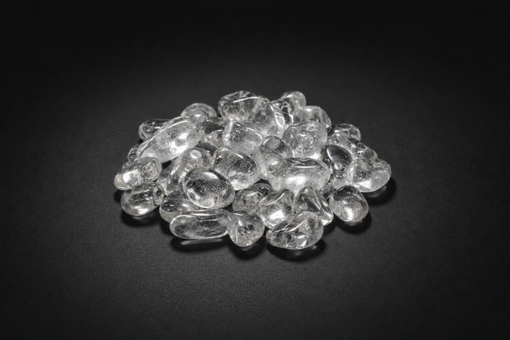 Pile of polished clear and lightly cloudy Quartz tumbled stones with natural inclusions on black